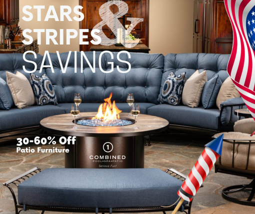 Stars Stripes & Savings  30-60% off words over a beautiful blue curved sofa with two monterra chairs and a firepit