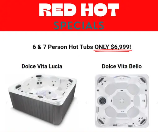 Dolce Vita Lucia and Dolce Vita Bello Combine Pool and Spa Hot Tubs on a white back ground with red hot deals  $6999